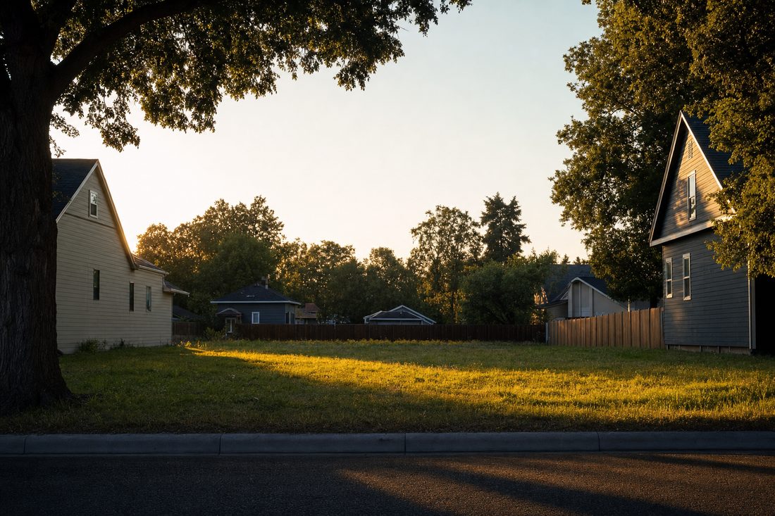 An underused suburban infill lot between existing homes at golden hour